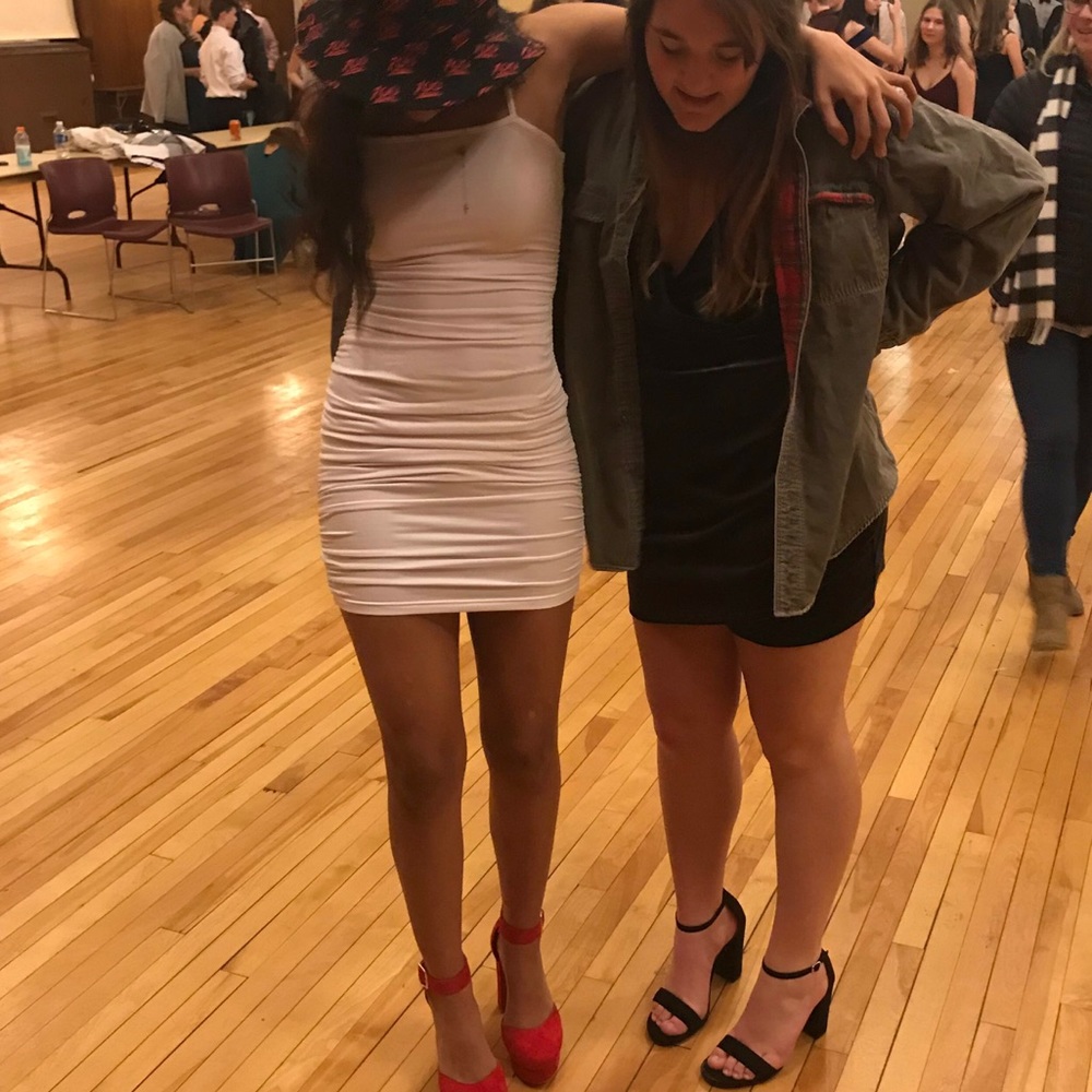 white skinny strap winter formal dress